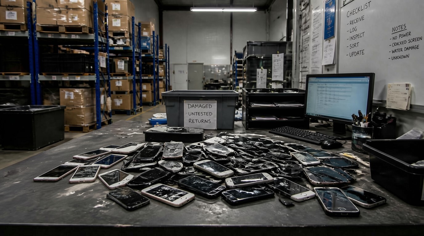 Depot desk with broken devices and cables
