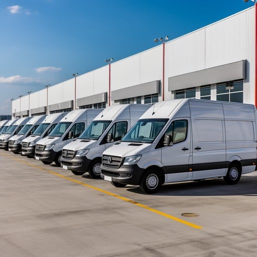Delivery fleet vans lined up outside a distribution centre, ready for daily routes