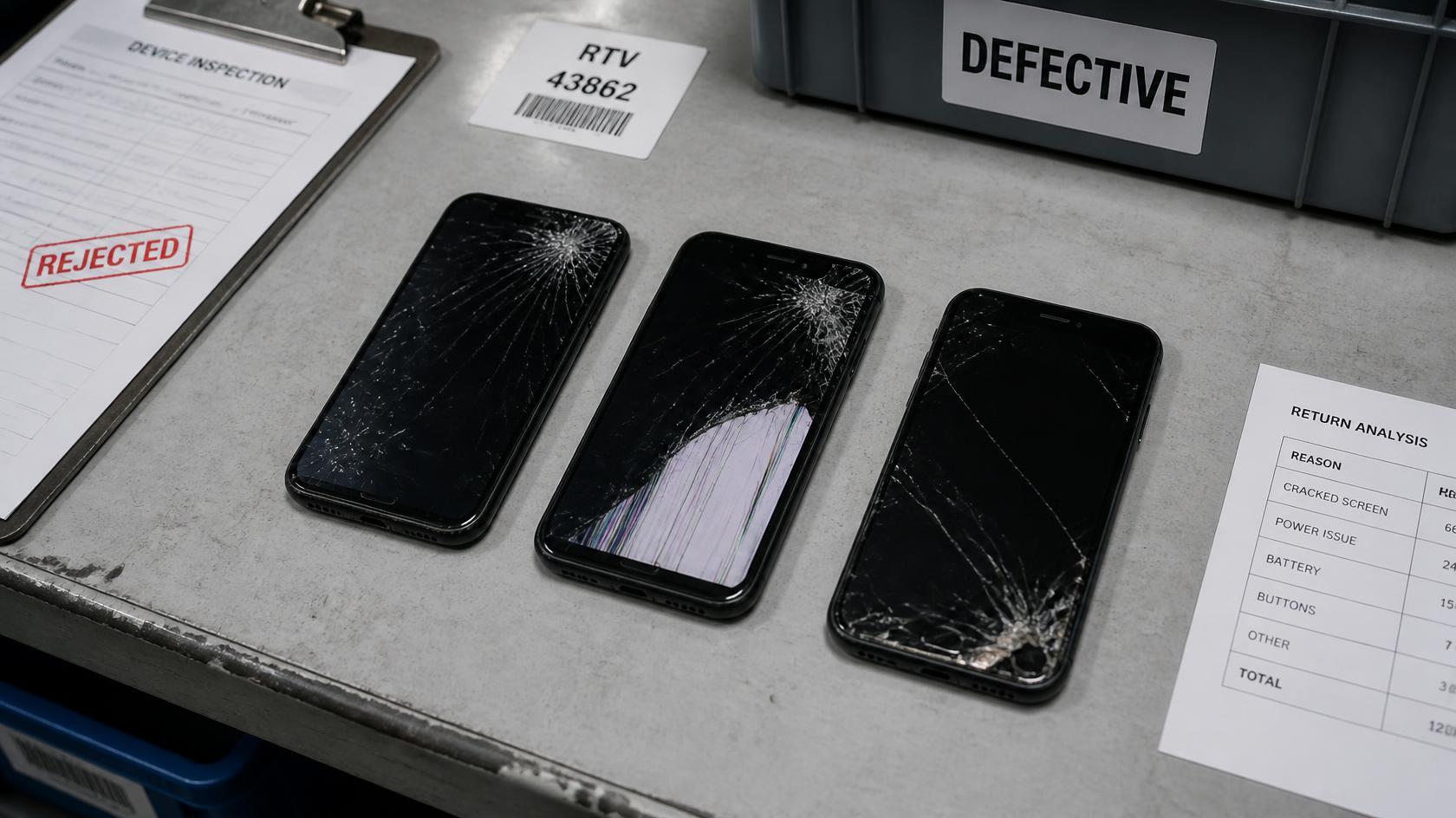 Cracked consumer smartphones on a depot desk