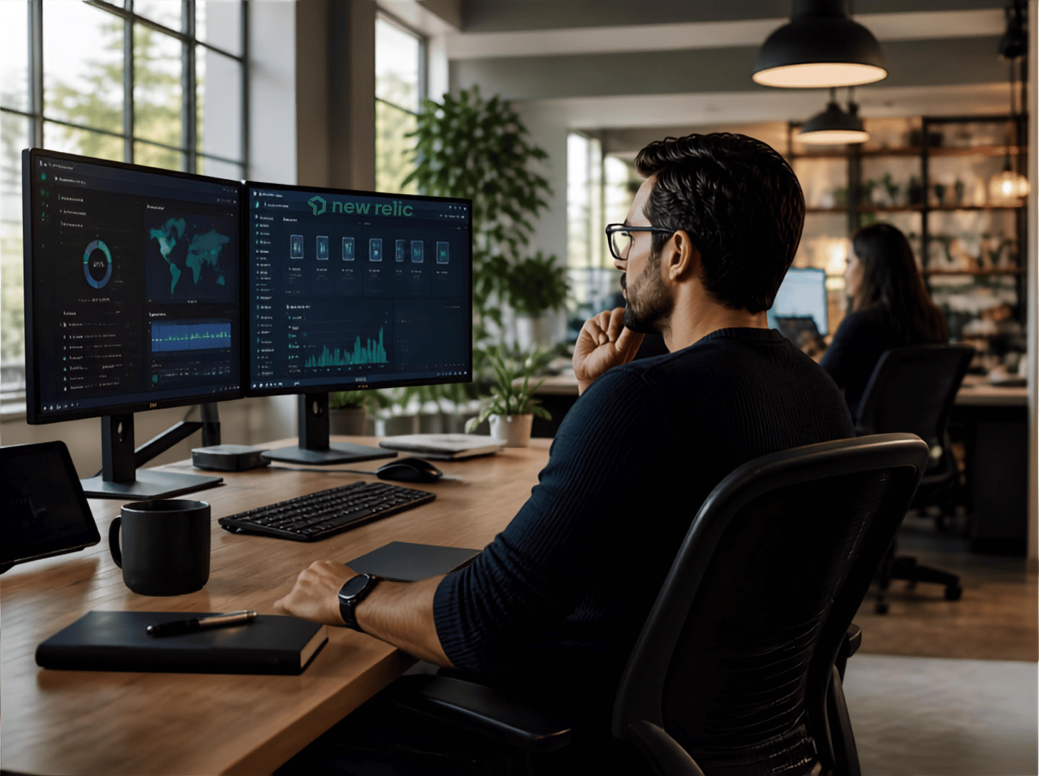 Professional team working in a modern open-plan software company office — New Relic